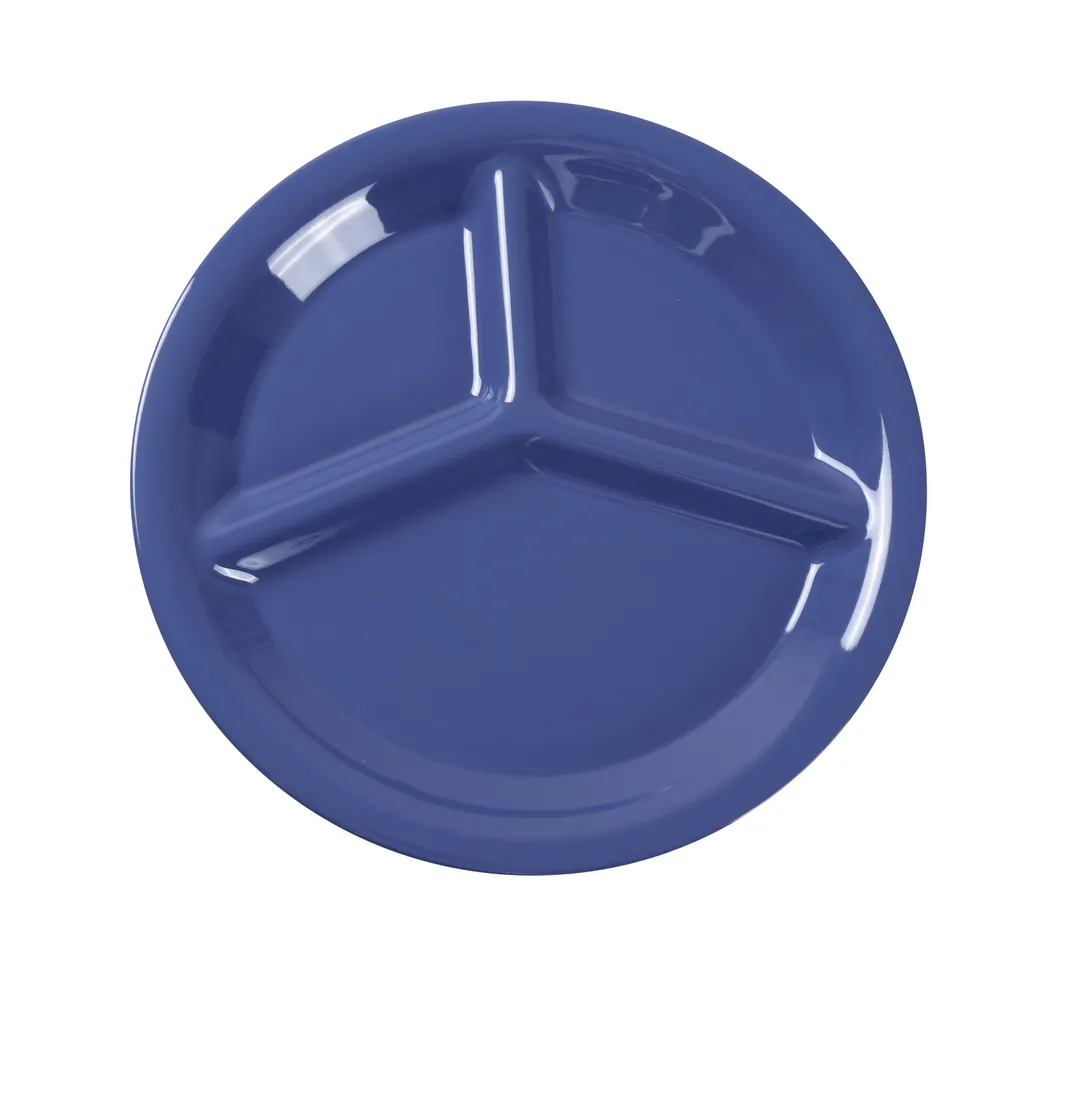 Yanco MS-710BU 10" 3‑Compartment Plate, Heavy‑Duty Melamine, Blue, Dishwasher Safe - Dozen