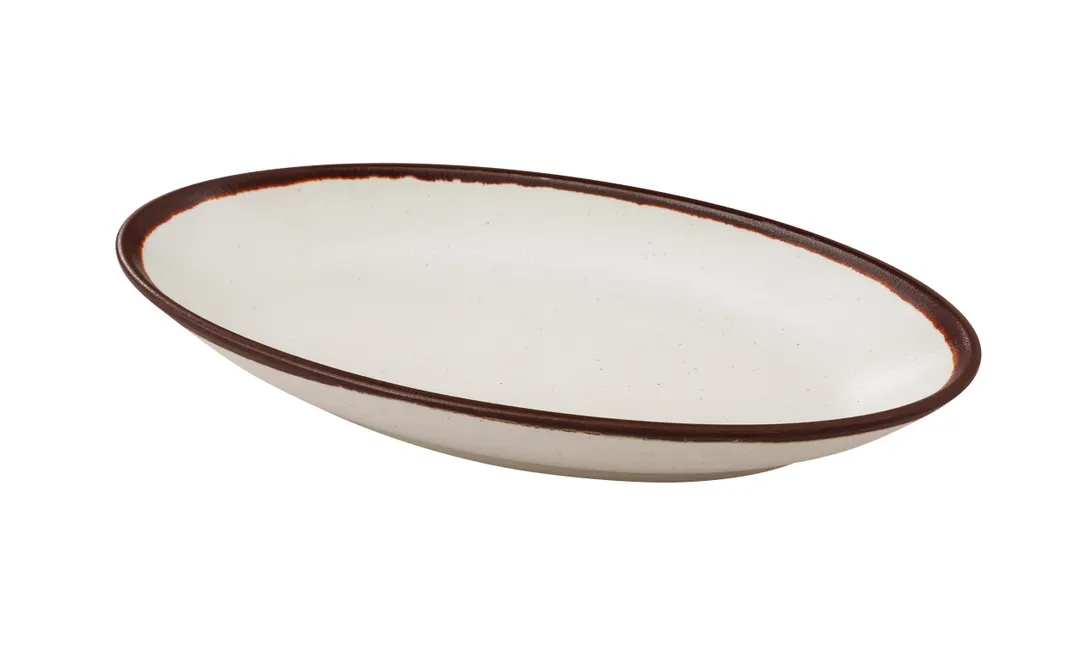 Yanco NA-310 Plate,Oval Deep Melamine White/Brown Accent, 10-1/2" W x 5-1/4" D x 1-1/2" H - Dozen