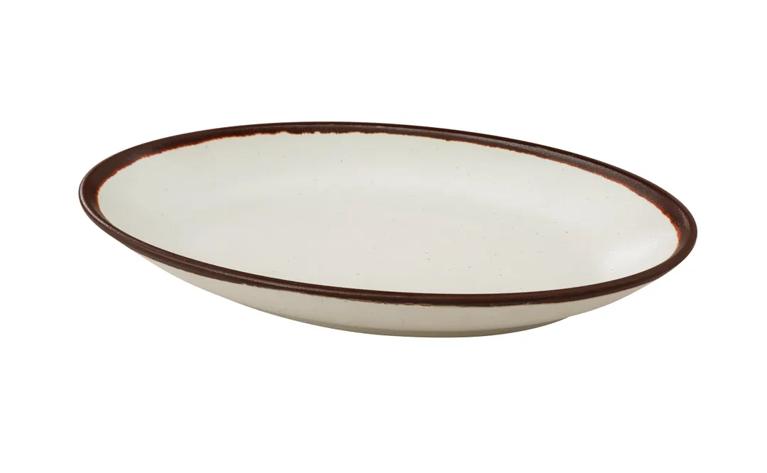 Yanco NA-312 Deep Oval Plate, 12½" D x 6¼" W x 2" H, White/Brown Melamine, Dishwasher Safe - Dozen