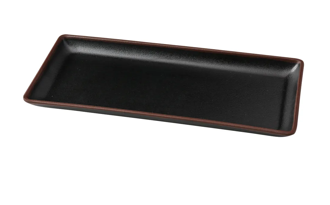 Yanco NA-413BK Art Sushi Plate, 13" x 5-3/4" x 1" Rectangular Melamine Coupe, Black Accent - Dozen
