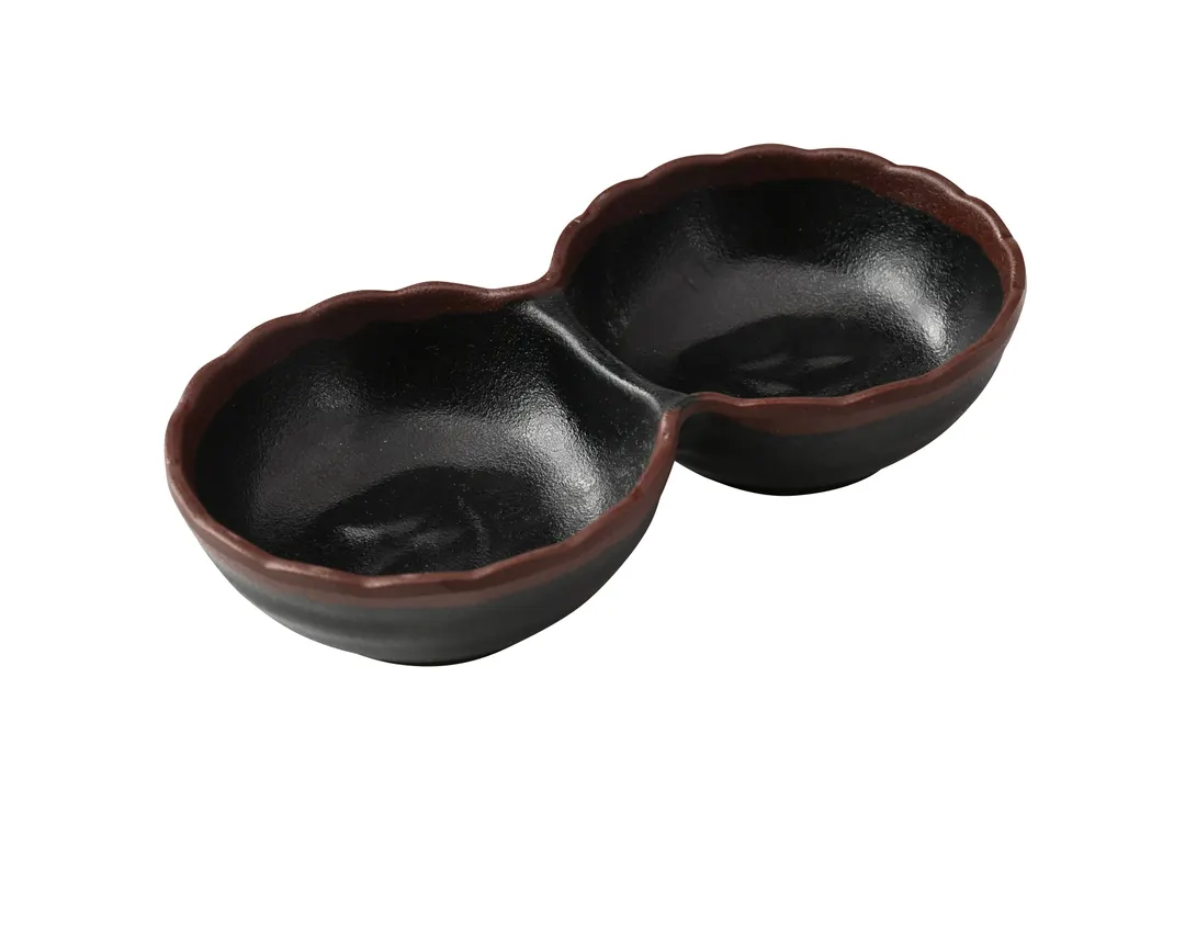 Yanco NA-506BK - 4 oz Divided Sauce Dish, 3" W x 5-3/4" D x 1-1/4" H, Melamine, Black/Brown - Dozen