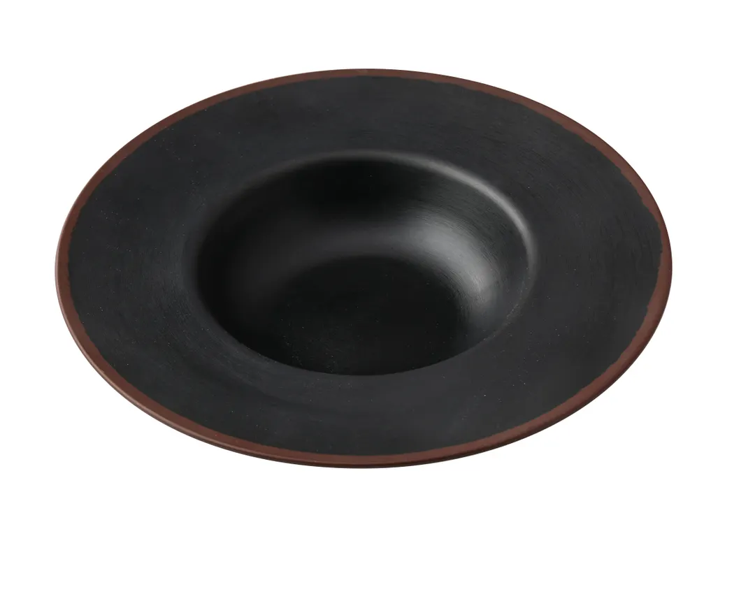 Yanco NA-710BK Dessert Plate, 9-1/4" Dia x 1-7/8" H, 10 oz, Wide‑Rim Melamine, Black/Brown - Dozen