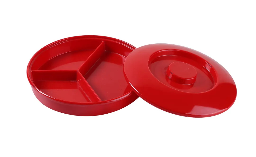 Yanco NS-608-1R 8-1/4" Round 3‑Compartment Deep Melamine Platter With Lid, Red, NSF - Dozen
