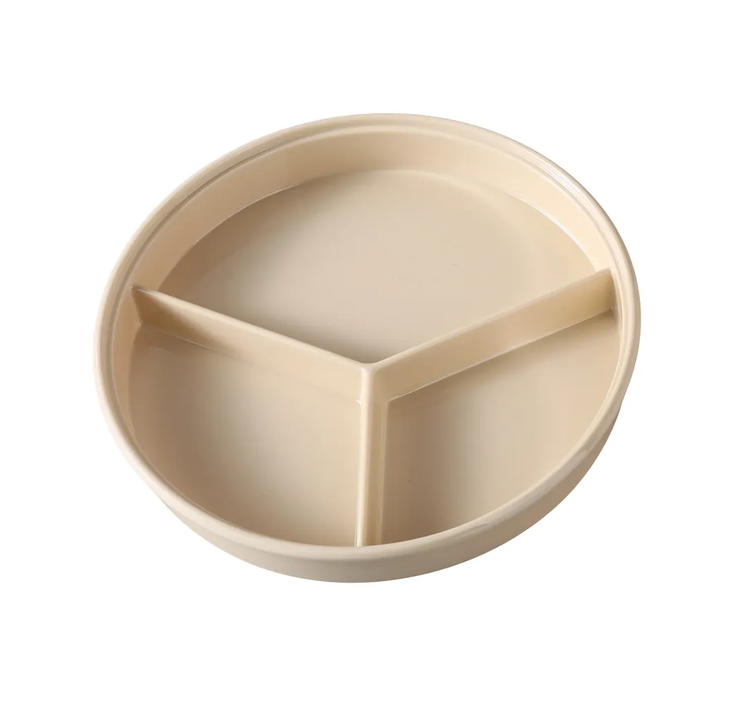 Yanco NS-608-1T - 8-1/4" Tan Melamine Round Divided Server, 3‑Compartment with Lid, NSF - Dozen