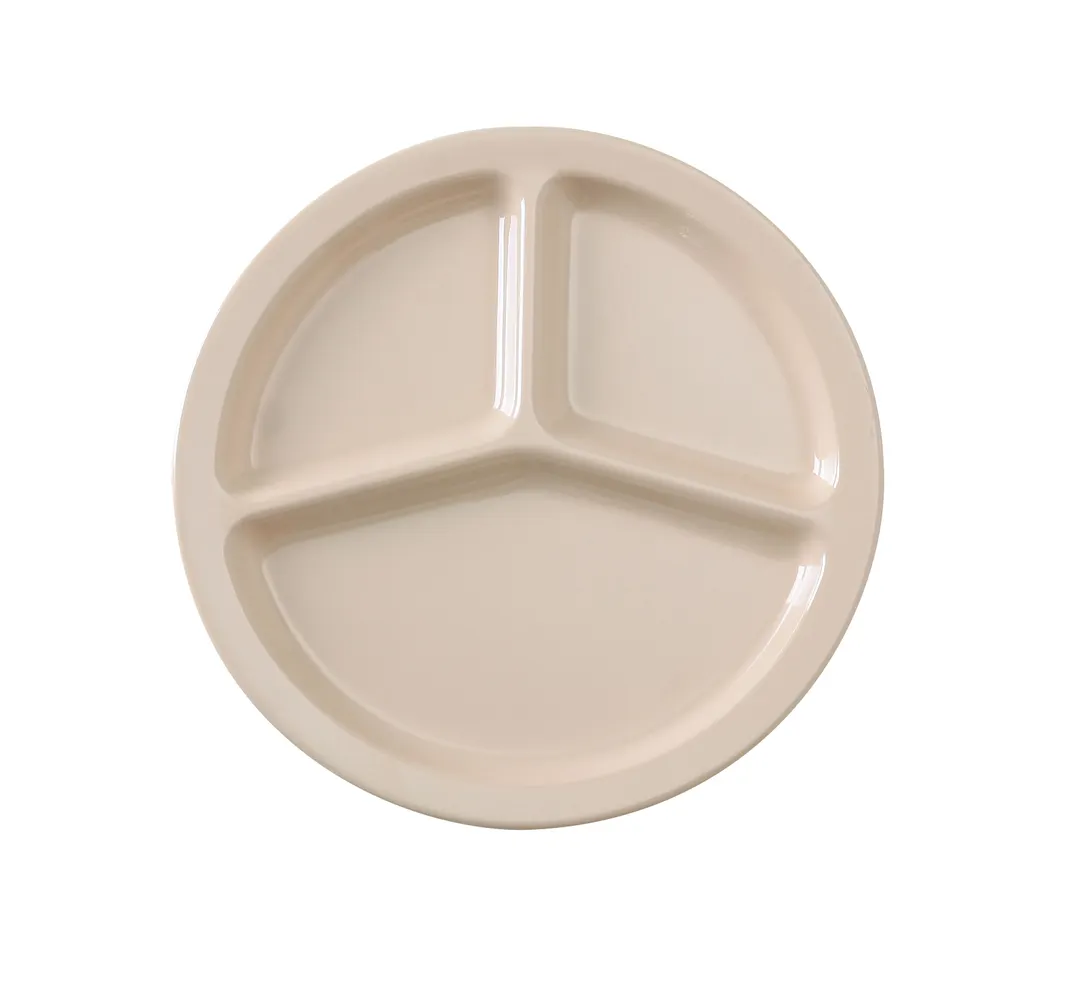 Yanco NS-702T 10" Tan Melamine 3‑Compartment Round Plate, Dishwasher Safe, NSF - Dozen