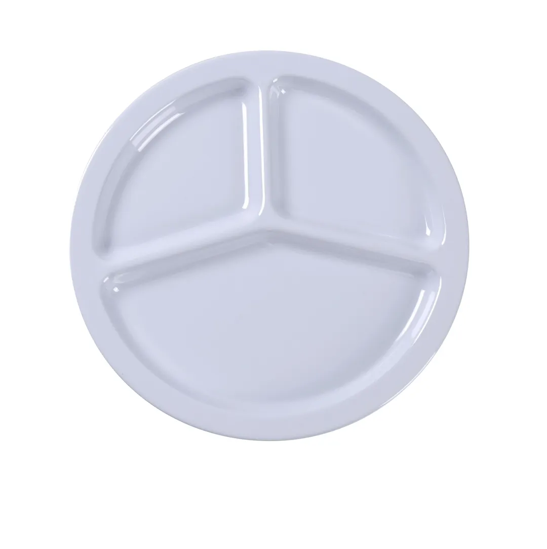 Yanco NS-702W 10" White Melamine 3-Compartment Plate, Dishwasher Safe, NSF - Dozen
