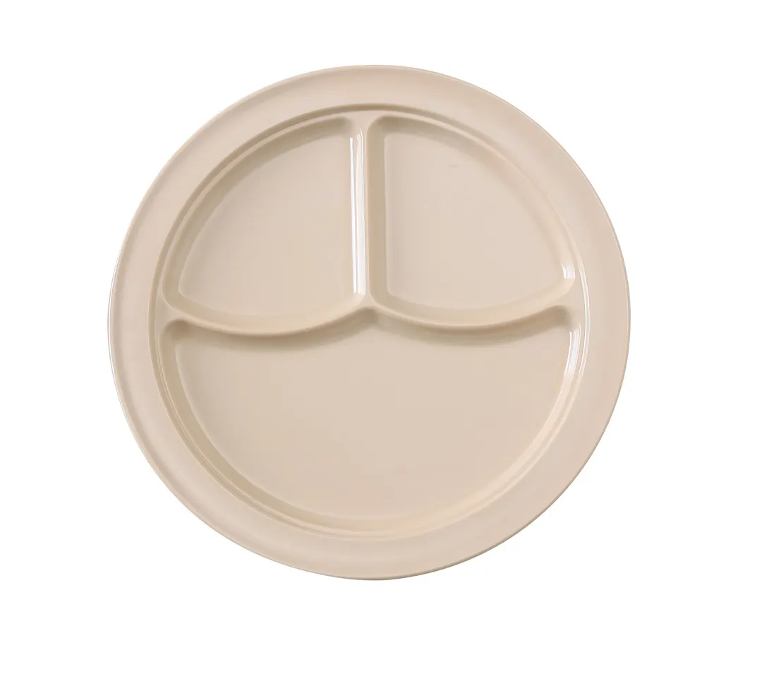 Yanco NS-703T - 10" Tan Melamine 3‑Compartment Round Plate, Dishwasher Safe - Dozen