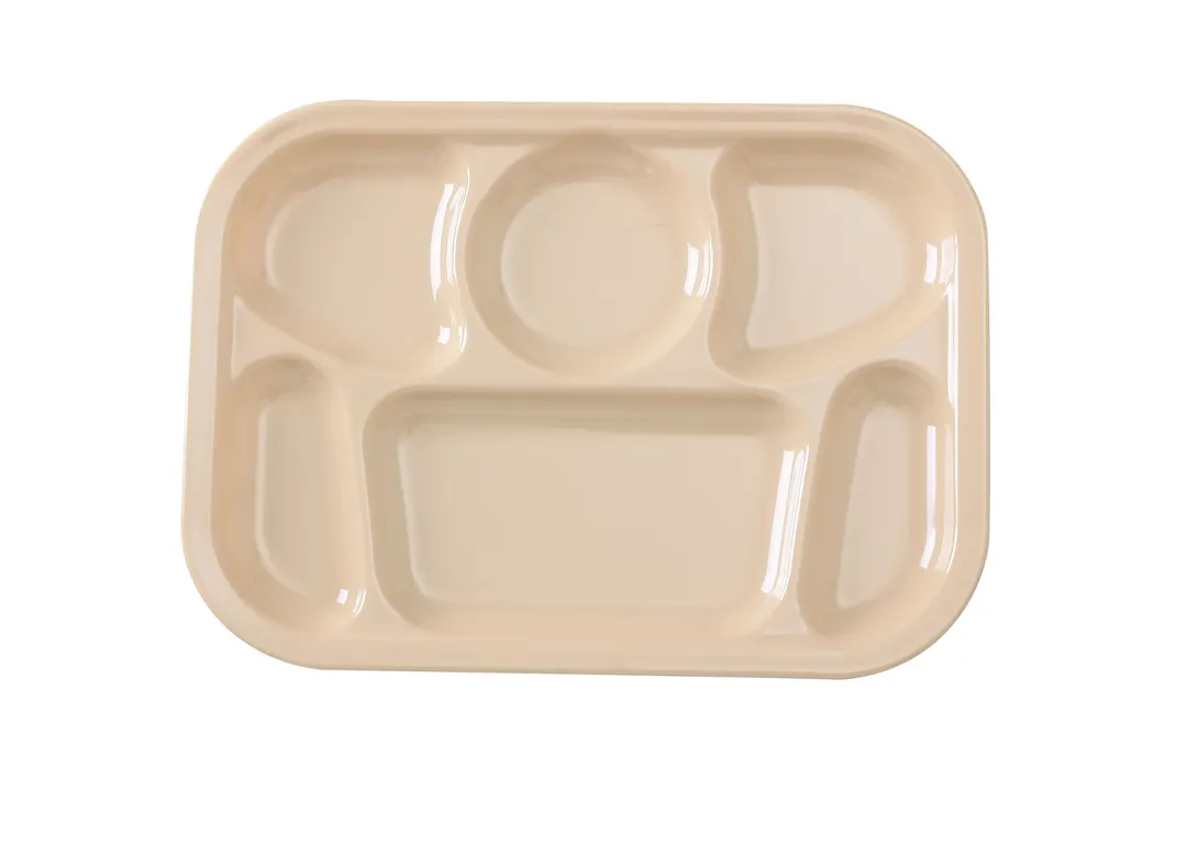 Yanco NS-803T - 13" X 9-1/2" Tan Melamine 6-Compartment Platter, Dishwasher Safe, NSF - Dozen