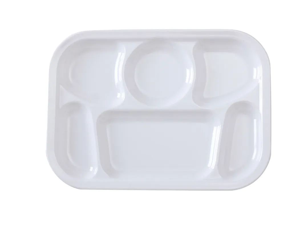 Yanco NS-803W - 13" x 9-1/2" White Melamine Platter, 6 Compartments, Dishwasher Safe, NSF - Dozen