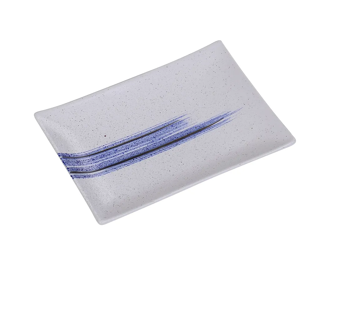 Yanco OC-310 Ocean Plate – 10" x 7" Rectangular Porcelain, White with Blue Glazed Design - Dozen
