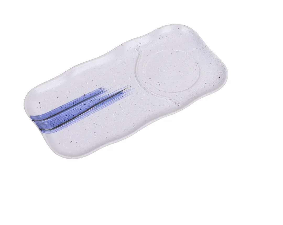 Yanco OC-5112 Ocean Plate, 12" x 6" Rectangular Porcelain, White/Blue Design, Safe - Dozen