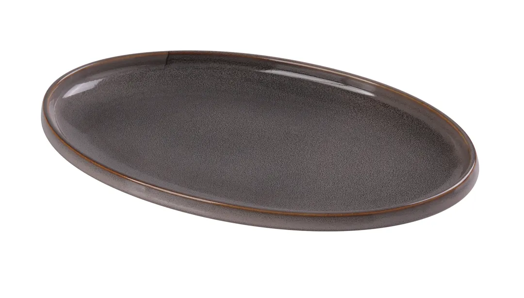 Yanco PK-314 - Oval Porcelain Plate, Grey, Rolled Edge, 14" X 9" X 1-1/2" Microwave Safe - Dozen