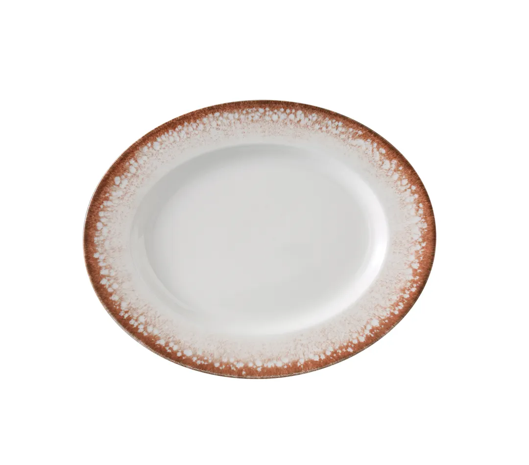 Yanco PR-210 Oval China Plate 10"W x7 7/8"D x1"H White/Brown Dishwasher/Microwave Safe - Dozen