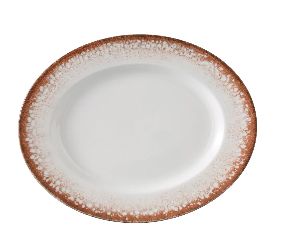 Yanco PR-213 Oval China Plate, 12 7/8"W X10 1/8"D X1 1/8"H, White/Brown, Dishwasher Safe - Dozen