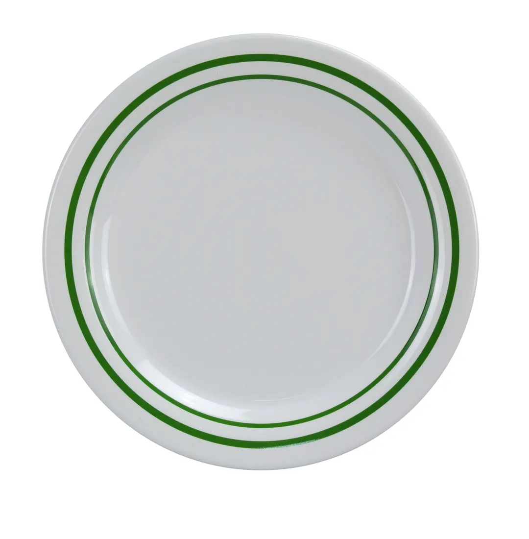 Yanco PT-109 Pine Tree Plate 9" Round Melamine Green Band/Beige Heavy Dishwasher Safe NSF - Dozen