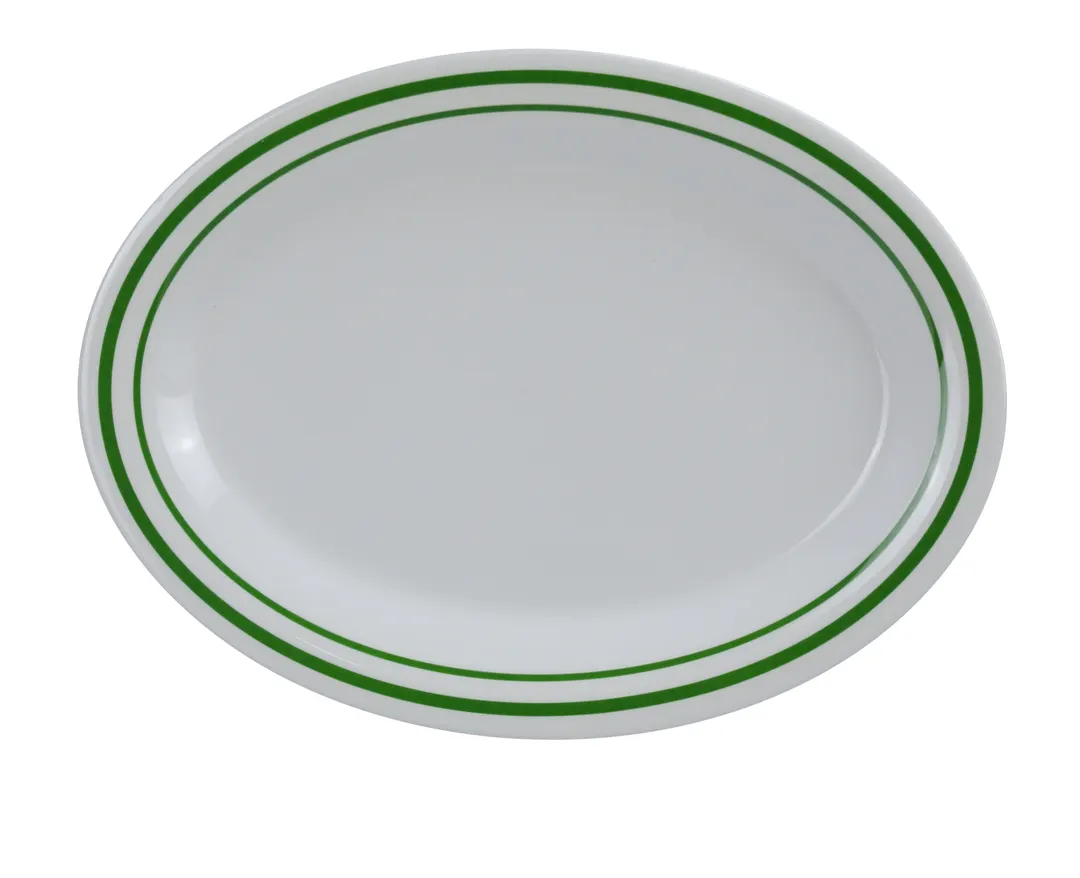 Yanco PT-216 Oval Platter, 16" x 12" Melamine Beige with Green Band, NSF - Dozen