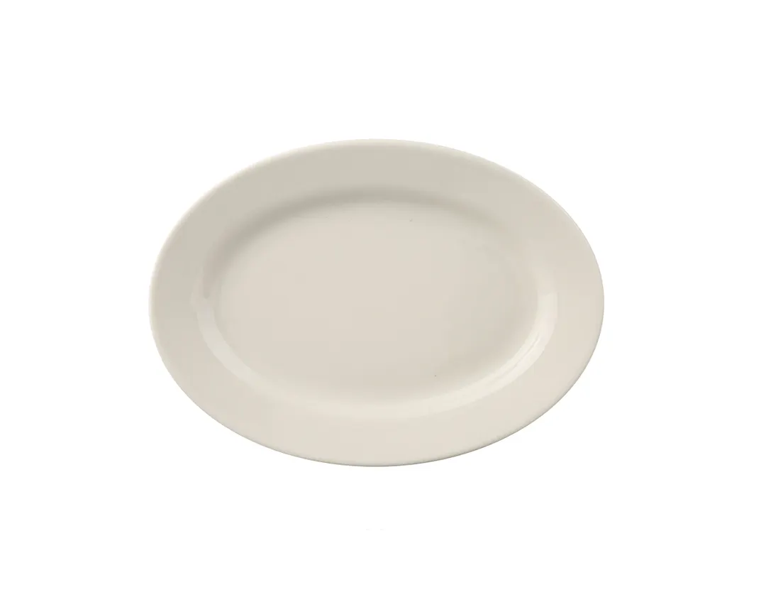 Yanco RE-13 Recovery Platter, Oval 11-1/2" L x 8" W, Wide Rim Edge, American White Ceramic - Dozen