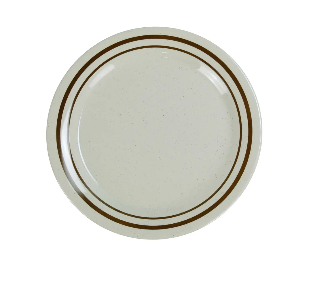 Yanco SS-107 - 7¼" Round Melamine Dinner Plate, Brown Band/Beige, Dishwasher Safe - Dozen