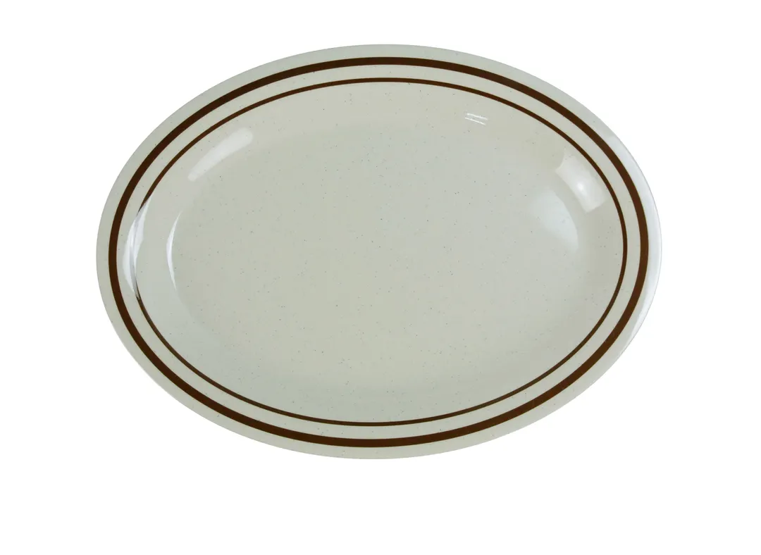 Yanco SS-211 Oval Platter, 11-1/2" X 8", Melamine, Beige/Brown Band, NSF, Dishwasher Safe - Dozen