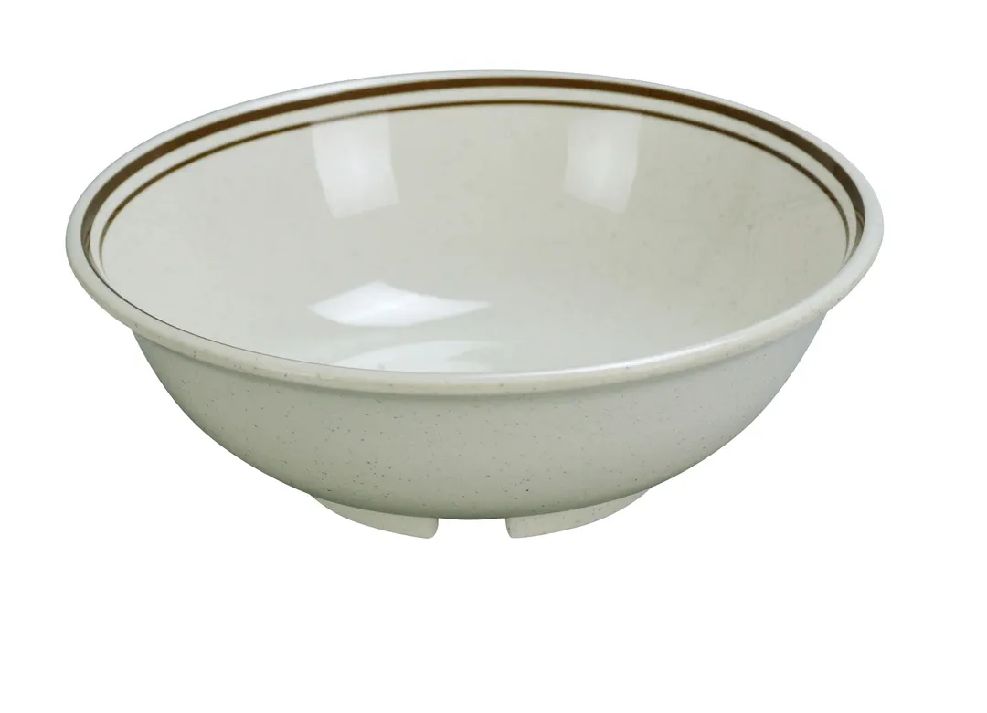 Yanco SS-507 - 7" Round Melamine Soup Bowl, 32 oz, Beige with Brown Band, Dishwasher Safe - Dozen