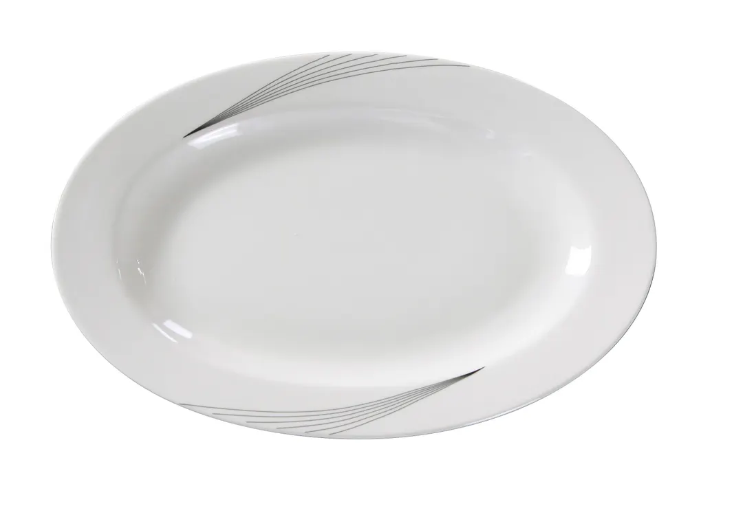 Yanco UR-214 Oval Platter, 14" x 10-1/2" White Porcelain, Line Design, Dishwasher Safe - Dozen