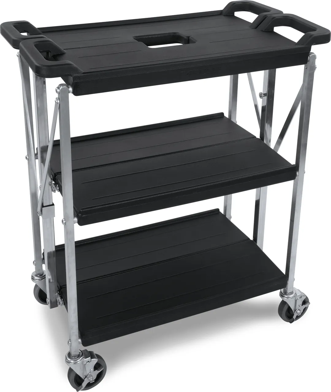 Dinex DXSBC152103 Fold 'N Go Metal Utility Cart, 15" x 21", Black, 3 Shelves, Push Handle