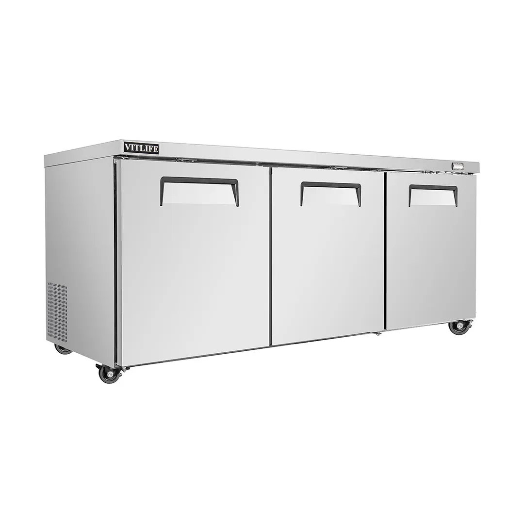 Vitlife Commercial VUC72R 72" 3-Solid Door Reach-In Undercounter Refrigerator, 16.6 cu. ft.