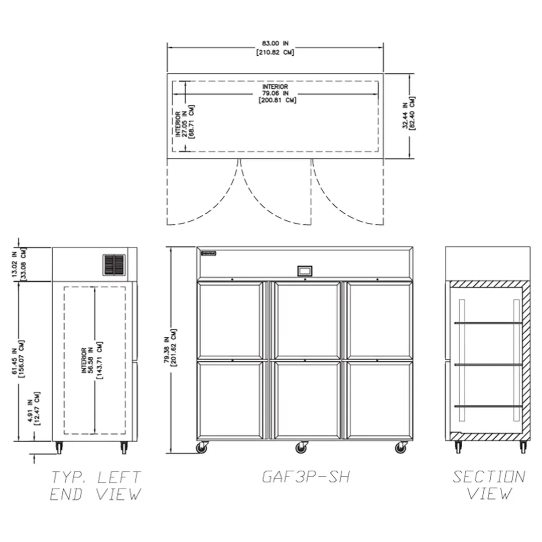 Delfield GAF3P-SH 83" 3-Section, 6-Solid Door Reach-In Freezer, Top Mount, 71 cu. ft., Stainless Steel