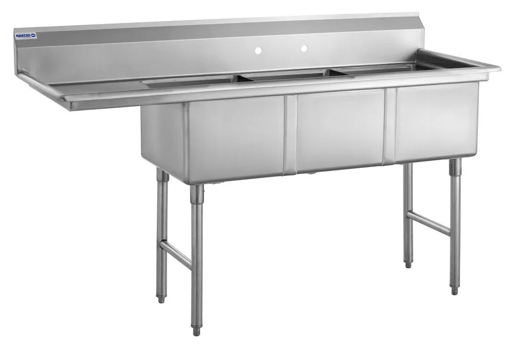 Hubert 29N-055 Kratos® 3 Compartment Sink, 69"W X 26"D X 43.5"H, 18 Ga, Bowl