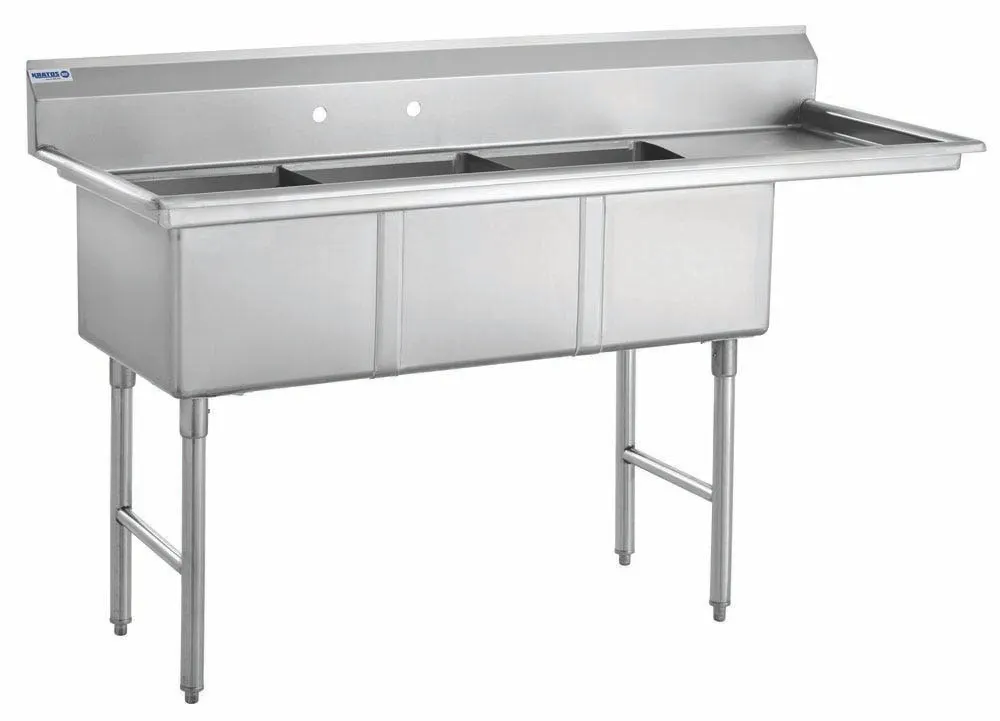 Hubert 29N-056 Kratos® 3 Compartment Sink, 18 Ga, 69"W X 26"D X 43.5"H, Bowl