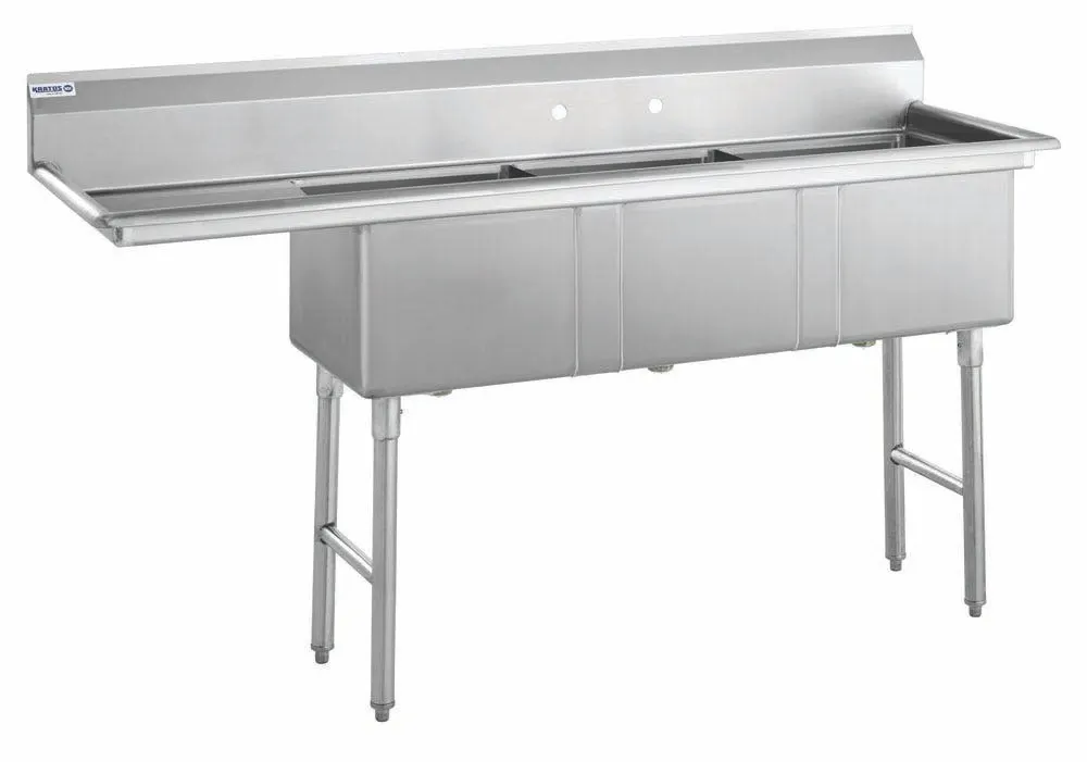 Hubert 29N-057 Kratos® 3 Compartment Sink, 76"W X 22"D X 44.75"H, 16 Ga, Bowl