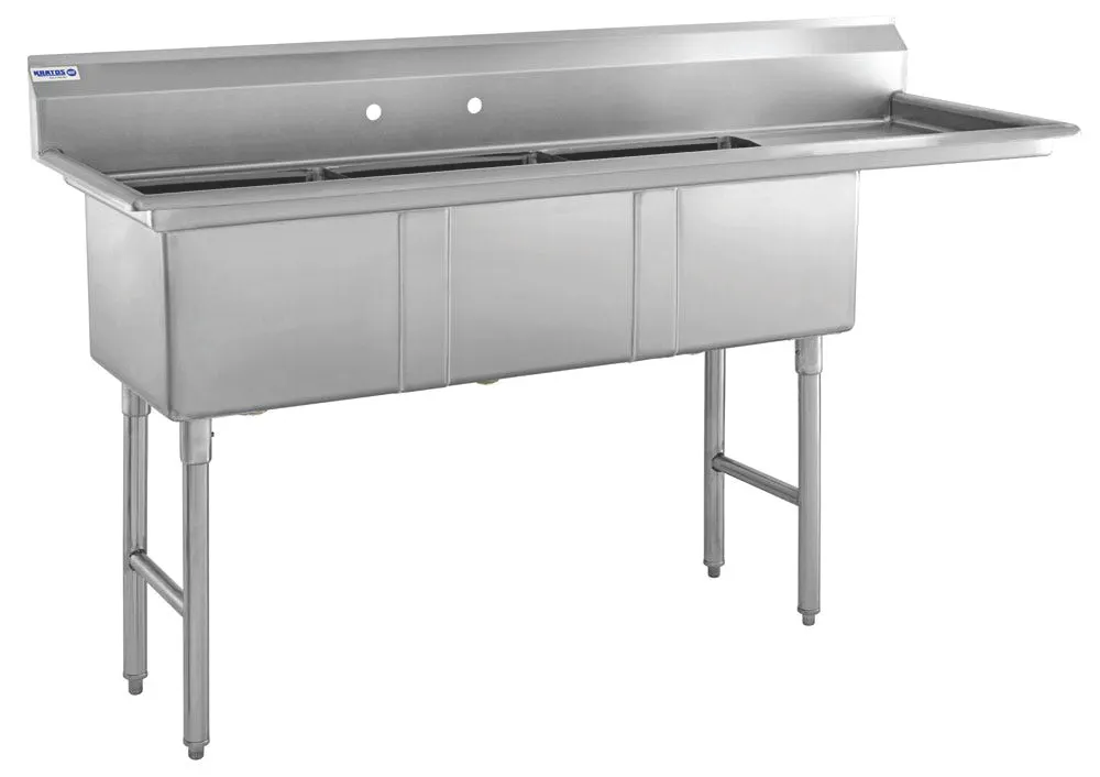 Hubert 29N-058 Kratos® 3 Compartment Sink, 76"W X 22"D X 44.75"H, 16 Ga, Bowl