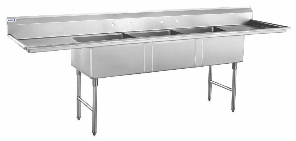 Hubert 29N-059 Kratos® 3 Compartment Sink, 117"W X 29"D X 43.75"H, 16 Ga, Bowls