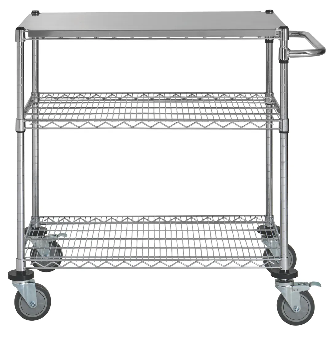 Hubert 93978 Chrome 3-Tier Wire Cart with Stainless Steel Top - 36"L x 24"W x 39 1/2"H