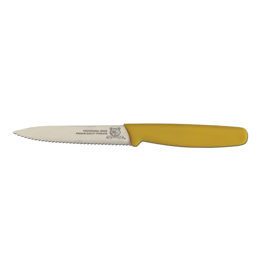 Omcan USA 11498 Paring Knife – 4" Wave Edge Stamped Spear Point, Steel Blade, Yellow Plastic Handle