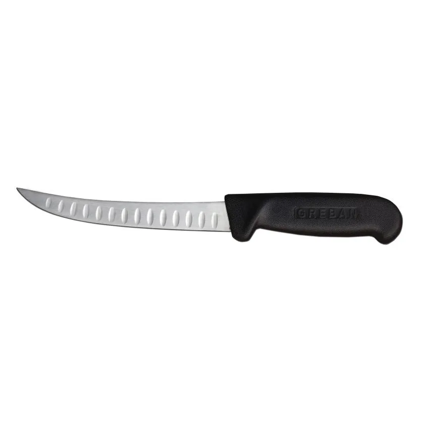 Omcan USA 11819 Boning Knife - 6" Curved Granton Edge Steel Blade Black Plastic Handle Stamped
