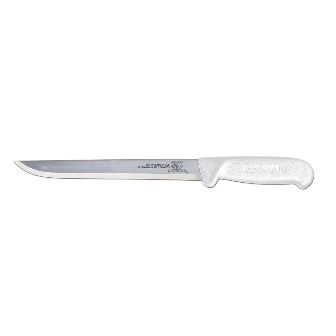 Omcan USA 11856 Fillet Knife – 8" Straight Blade, Stamped Construction, White Plastic Handle
