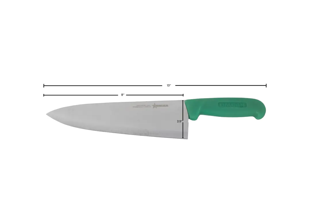 Omcan USA 12003 Chef Knife – 8" Blade Stamped Stainless Steel Green Polypropylene Handle – Cutlery