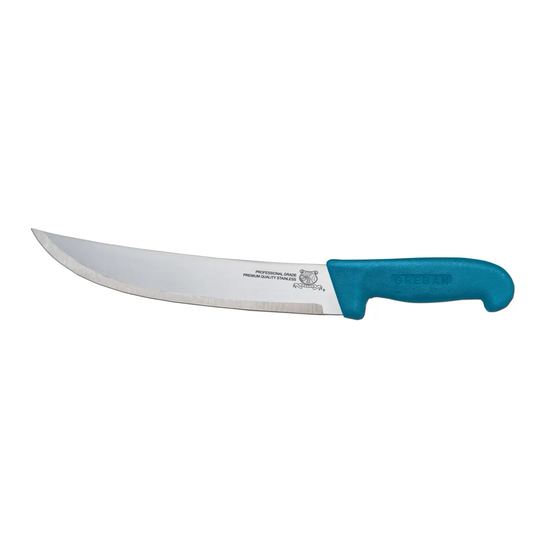Omcan USA 12211 Steak Knife – 10" Curved Stainless Steel Blade, Blue Poly Handle, 10"-14" Length
