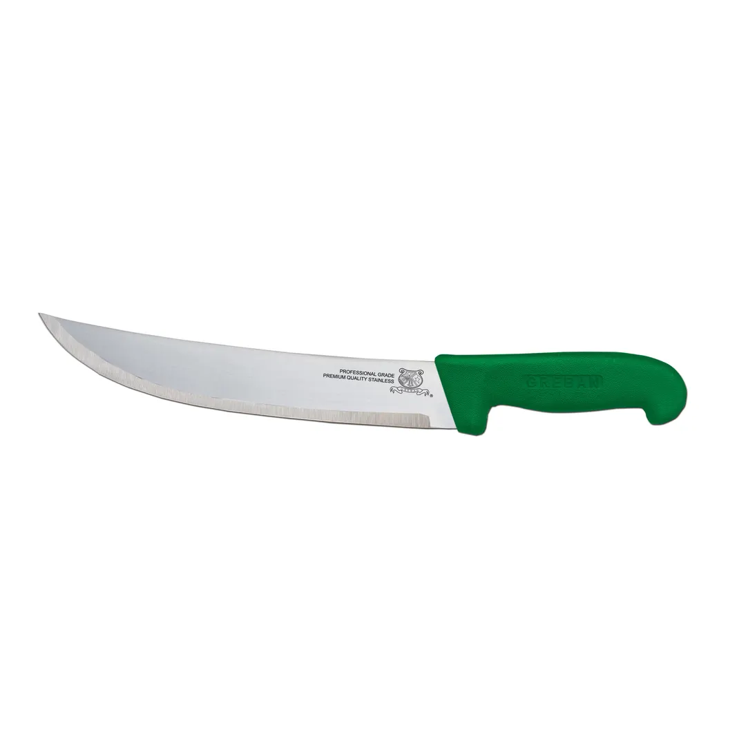 Omcan USA 12215 Steak Knife – 10" Curved Stainless Steel Blade, Green PP Handle, Stamped