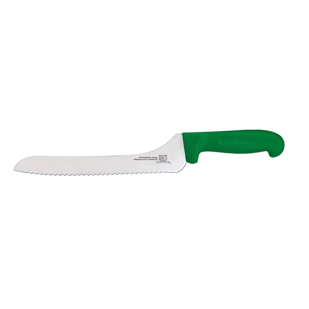 Omcan USA 12437 Slicing Knife – 9" Off‑Set Blade, Wave Edge, Green Polypropylene Handle