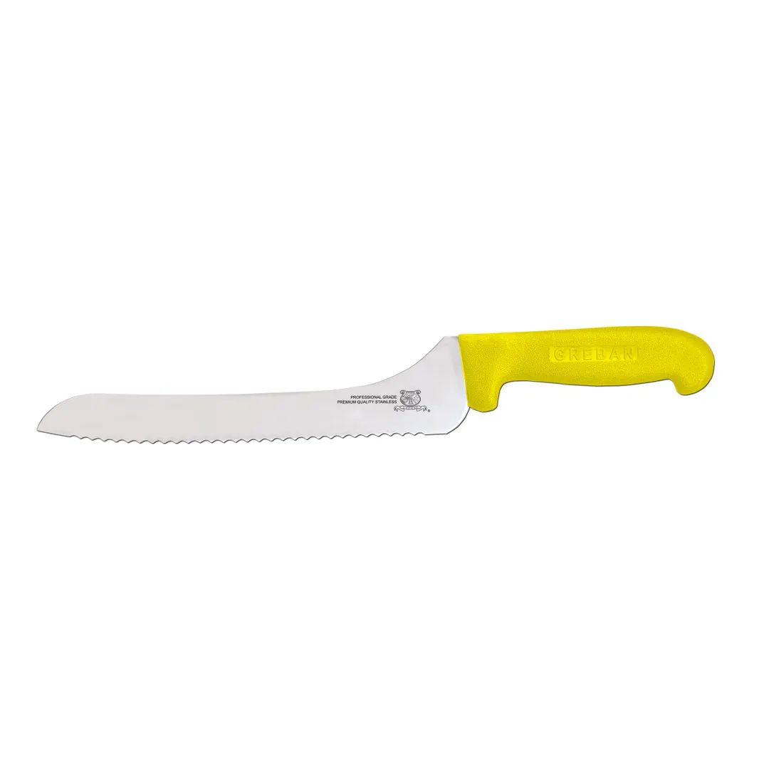 Omcan USA 12444 Slicing Knife, 9" Off‑Set Blade, Wave Edge, Stamped, Yellow Polypropylene Handle