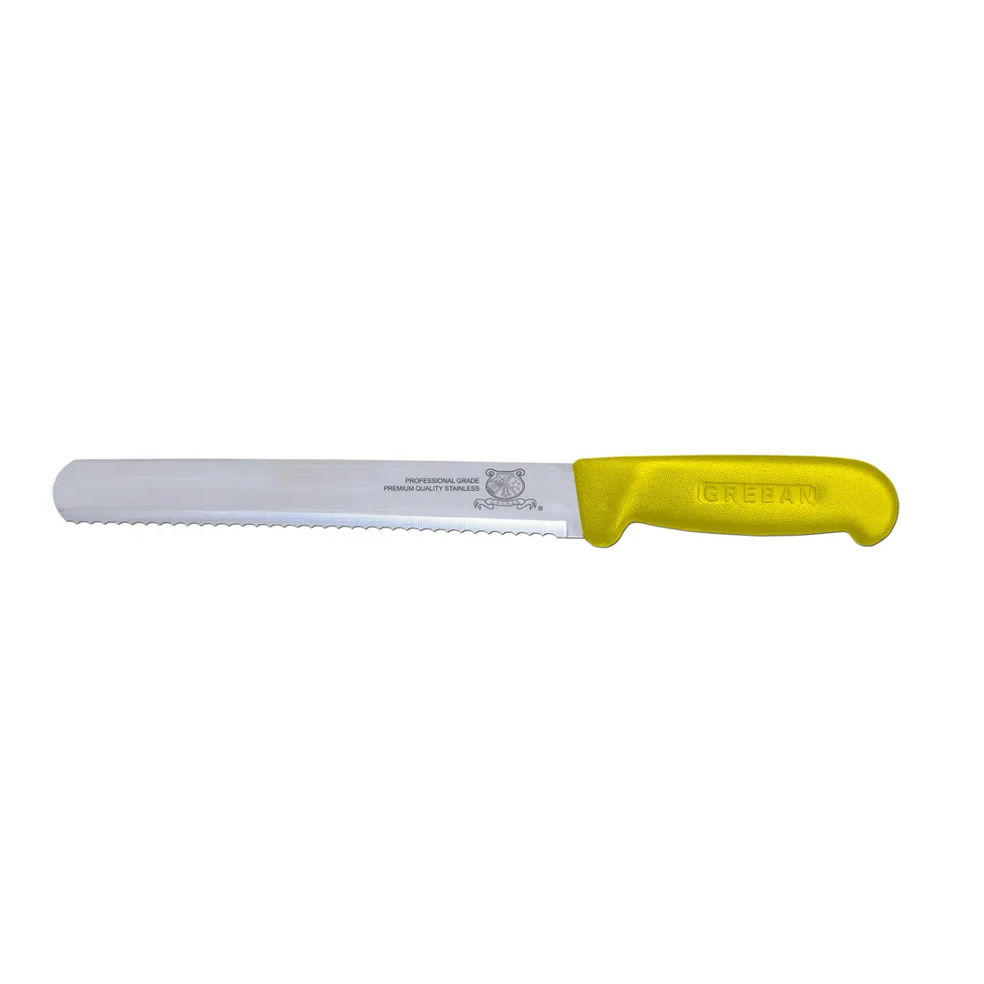 Omcan USA 12672 Slicing Knife, 10" Straight Blade, Wave Edge, Stamped, Yellow Polypropylene Handle