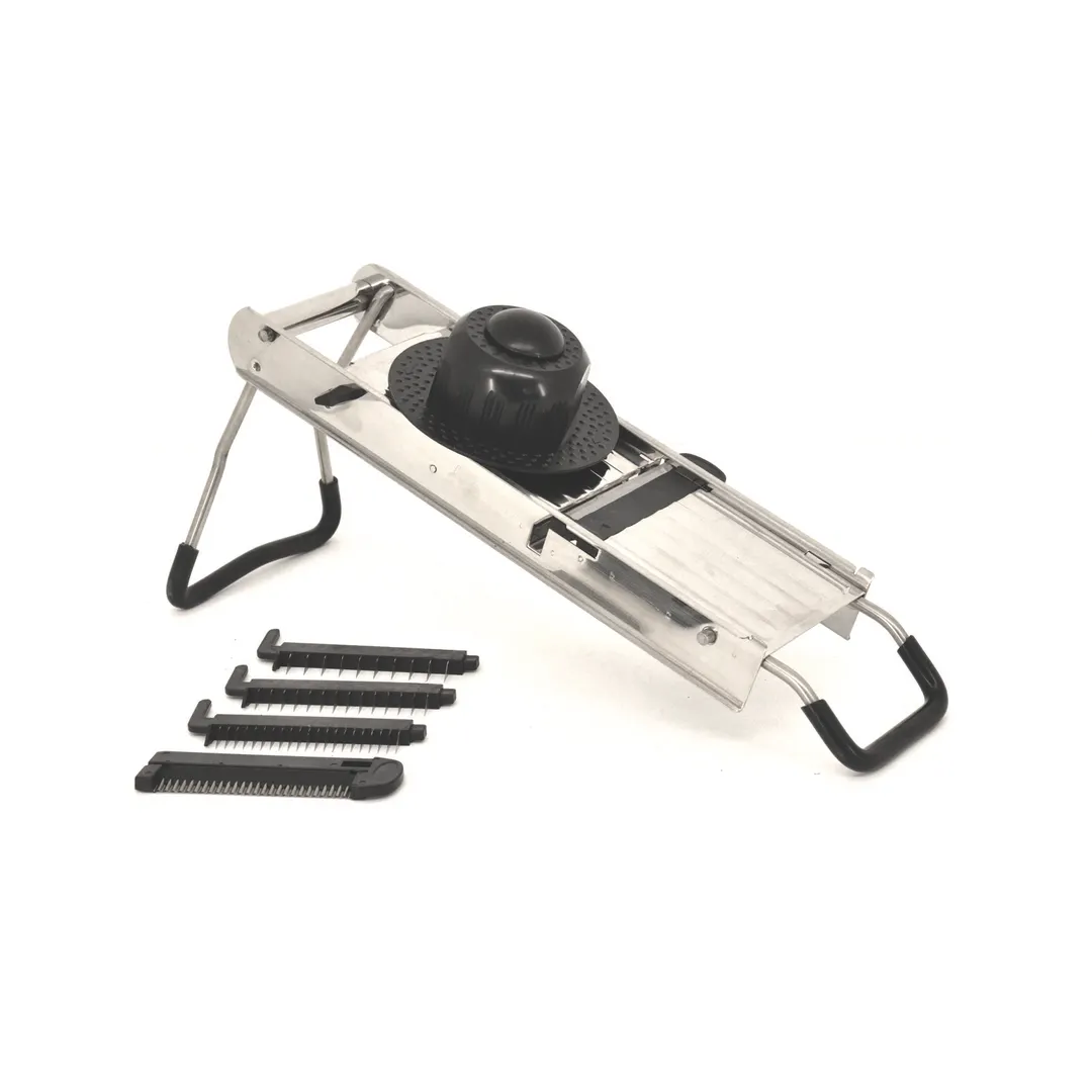 Omcan USA 13659 Mandoline Slicer – 5‑Blade Set, ½” Adjustable Thickness, 18/10 SS Frame & Blades, Pusher, Rubber Feet