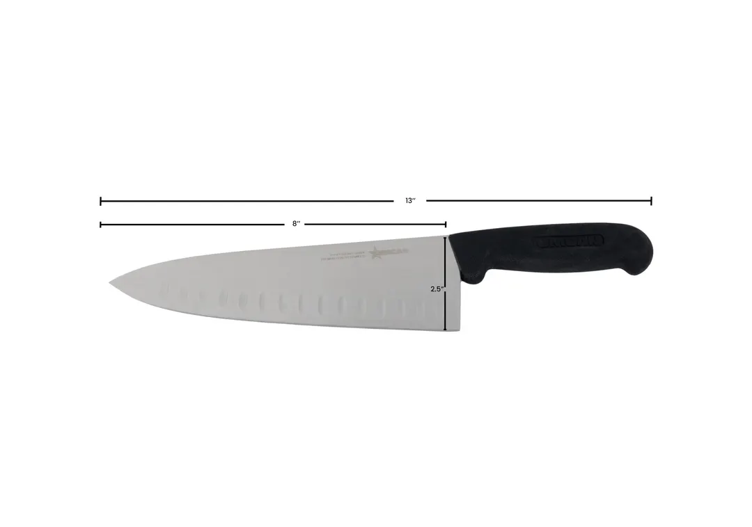 Omcan USA 16833 Chef Knife – 8" Granton Edge, Forged Steel Blade, Black Plastic Handle, Greban C‑A