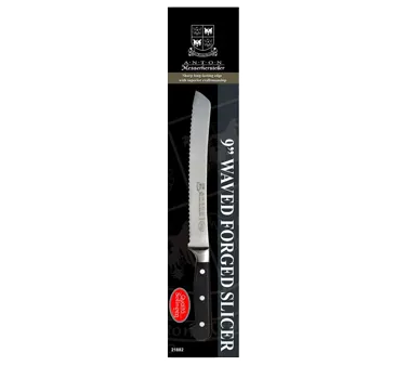 Omcan USA 21882 - 9" Forged Wave Edge Slicing Knife, Anton, Black Plastic Handle, Retail Packaged