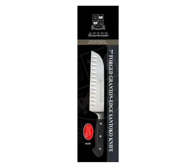 Omcan USA 21883 Premium Santoku Knife, 7" Forged Stainless Steel Blade, Granton Edge, Black Handle