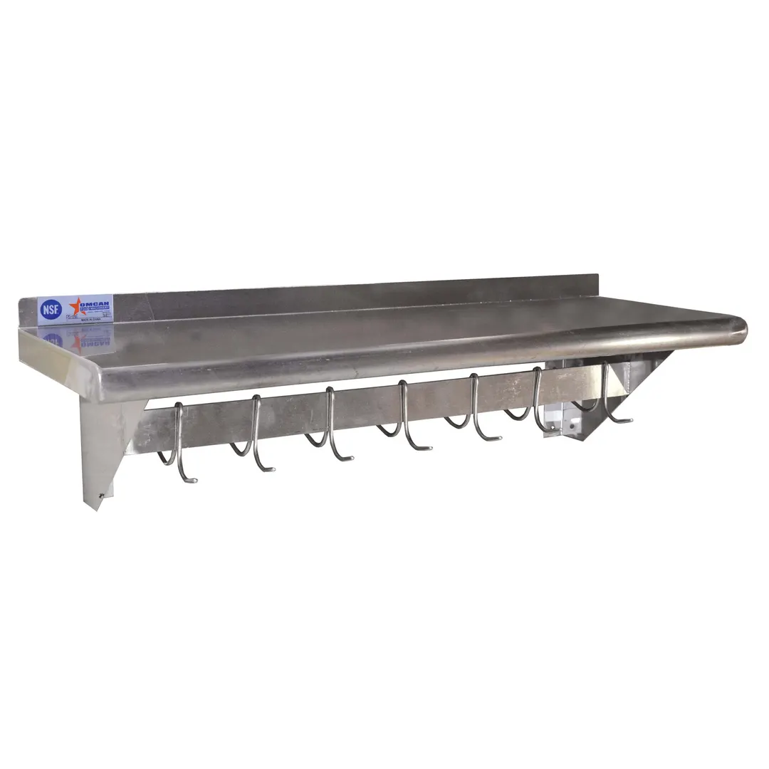 Omcan USA 31853 Wall-Mounted Pot Rack Overshelf, 12" x 60", 11 Hooks, Stainless Steel, NSF