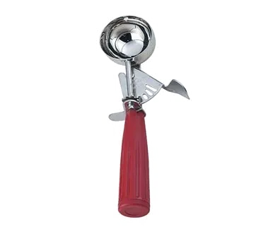 Omcan USA 34846 Ice Cream Scoop, 1-1/3 oz, Thumb Press, Steel Red Plastic Handle - 12/Case