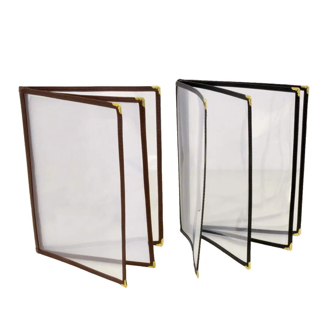 Omcan USA 39797 Folded Menu Holder Booklet, 9-1/4" x 11-3/4" Brown Plastic, Metal Corners